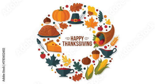 Happy thanksgiving illustration featuring a circular arrangement of autumn harvest symbols and traditional festive elements