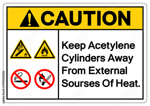 Caution Keep Acetylene Cylinders Away From External Sourses Of Heat Symbol Sign ,Vector Illustration, Isolate On White Background Label.EPS10