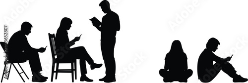 Digital, addiction, technology, lifestyle, screen, time, silhouette, smartphone, tablet, reading, contrast, modern, youth, distraction, seated, standing, outdoor, posture, isolation, behavior