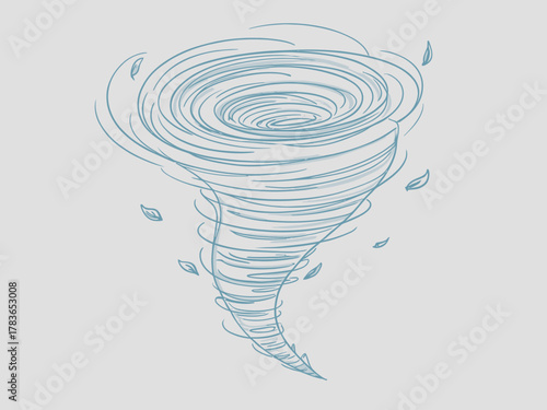 An elegant and simplified depiction of a tornado, featuring swirling lines and falling leaves, capturing the powerful yet graceful essence of natural forces in motion.