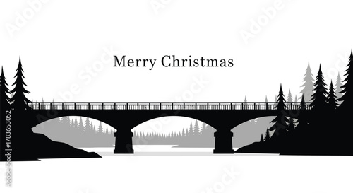 Merry christmas greeting with a silhouette of a bridge and pine trees over a tranquil winter river landscape