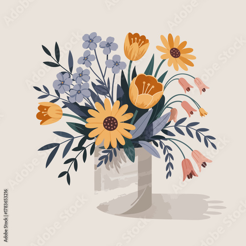 A charming bouquet of various flowers artistically arranged in a modern glass vase, representing beauty, style, and the joy of nature in home decor.