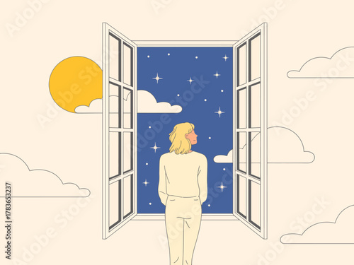 A serene image of a woman looking out through open windows, with a view of a starry sky and a bright sun, symbolizing hope and dreams in a calm setting.