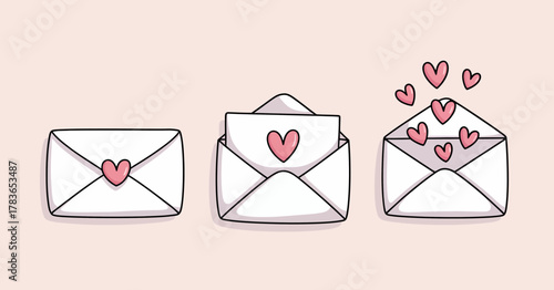 This charming image showcases a series of cute letter envelopes, each adorned with heart symbols, expressing themes of love, affection, and heartfelt communication in a playful way.