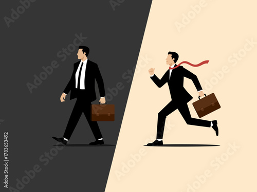 This illustrative split concept depicts a businessman transitioning from calm to dynamic motion, symbolizing the duality of professional life in modern society.