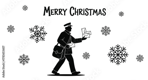Merry christmas greeting with a silhouette of a mail carrier delivering letters and envelopes surrounded by snowflakes