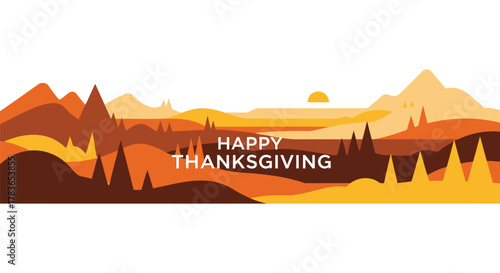 Happy thanksgiving greeting card with a stylized autumn landscape and rolling hills at sunset