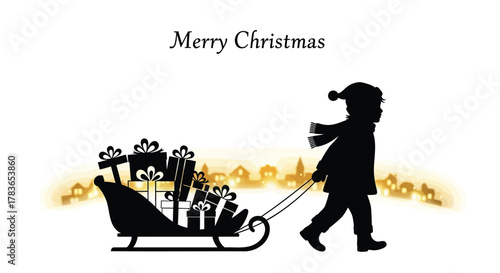 Silhouette of a child pulling a sleigh full of christmas presents through a snowy village at night