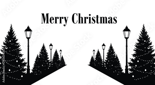 Elegant merry christmas greeting with silhouettes of decorated pine trees and vintage street lamps along a path