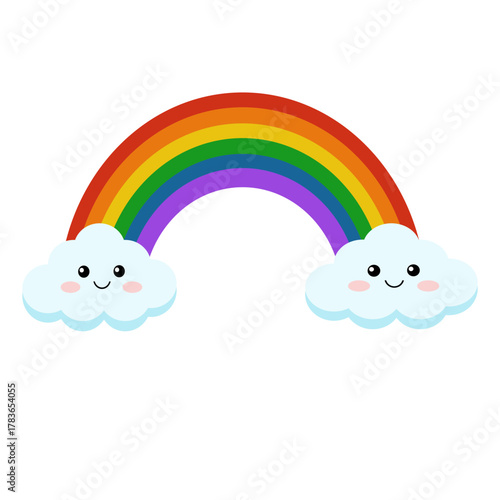 Cute rainbow with smiling clouds and bright colors creating cheerful atmosphere