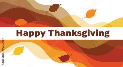 Happy thanksgiving greeting card with colorful abstract autumn leaves and wavy background design