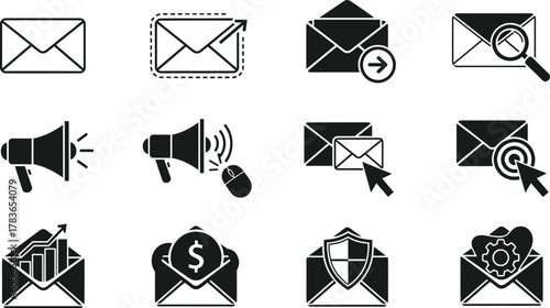Email icons set, communication symbols, digital marketing, newsletter, email analytics, secure mail, targeted campaign, online promotion, business messaging, notifications