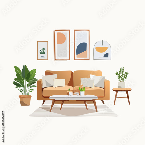 Modern Cozy Living Room Illustration – Scandinavian Interior with Sofa, Indoor Plants, Abstract Wall Art, Wooden Furniture, Minimalist Home Decor Vector