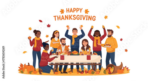 Diverse group of friends and family celebrating thanksgiving together around a festive table with food and autumn decorations