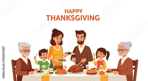 Happy thanksgiving celebration with a multi generational family enjoying a festive meal together around a table laden with food