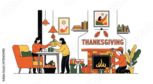 Cozy thanksgiving scene with people decorating a fireplace and setting the table with pumpkins and gifts