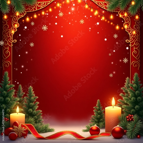 Luxurious Red Christmas Background Frame with Pine Trees and Golden Gifts