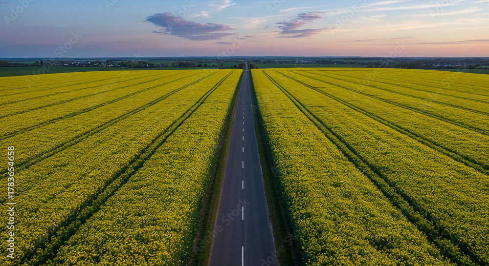 Fototapeta premium Spring Rapeseed Bloom with Rural Road Aerial Photography