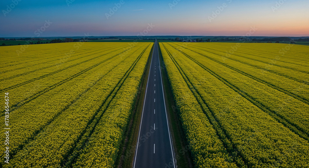Naklejka premium Spring Rapeseed Bloom with Rural Road Aerial Photography
