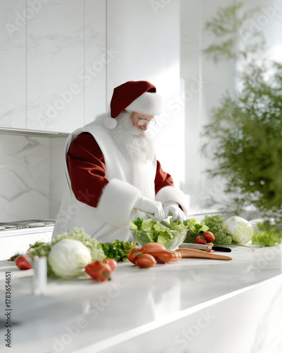 Healthy Fit Santa Athletic Concept, Santa Claus preparing healthy fitness meal with fresh vegetable in white kitchen during christmas season