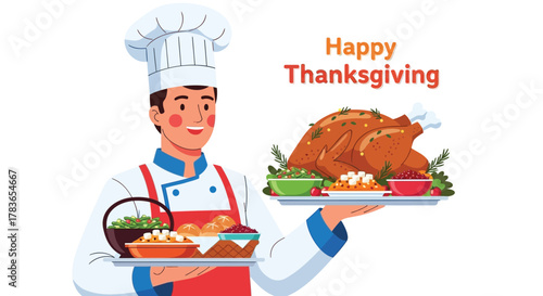 Smiling chef wearing a white uniform and hat presents a delicious roasted turkey dinner with side dishes for happy thanksgiving celebration