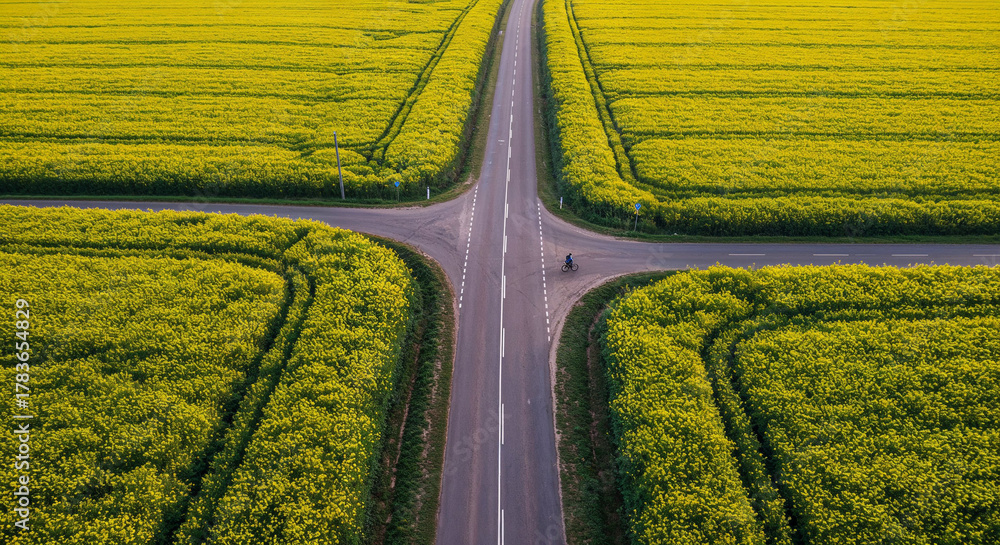 Fototapeta premium Spring Rapeseed Bloom with Rural Road Aerial Photography