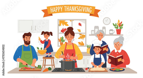 Happy thanksgiving family in the kitchen preparing a festive meal together with grandparents and children cooking and baking