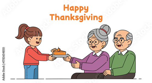 Happy thanksgiving greeting with a young girl offering a slice of pumpkin pie to her grandparents