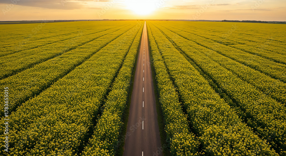 Fototapeta premium Spring Rapeseed Bloom with Rural Road Aerial Photography