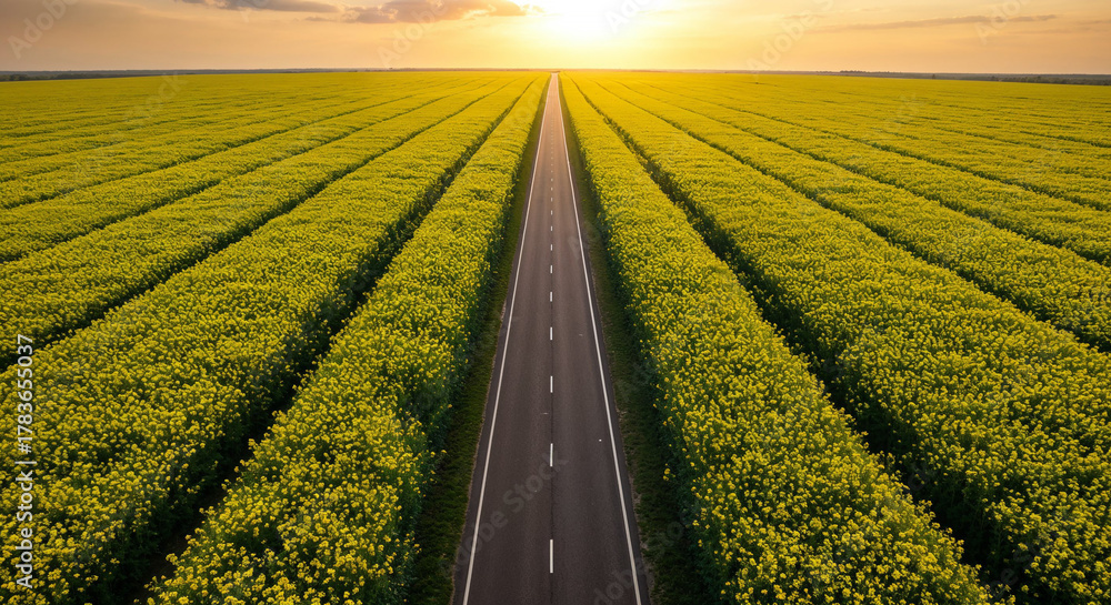 Fototapeta premium Spring Rapeseed Bloom with Rural Road Aerial Photography