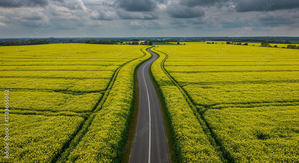 Fototapeta premium Spring Rapeseed Bloom with Rural Road Aerial Photography