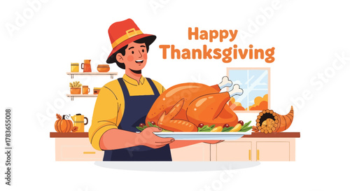 Happy thanksgiving illustration of a smiling person in a pilgrim hat holding a roasted turkey with cornucopia and pumpkins