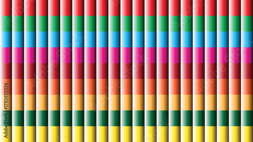 Segmented Colored Pencil Vector with Horizontal Color Bands and Symmetrical Arrangement Glass Background