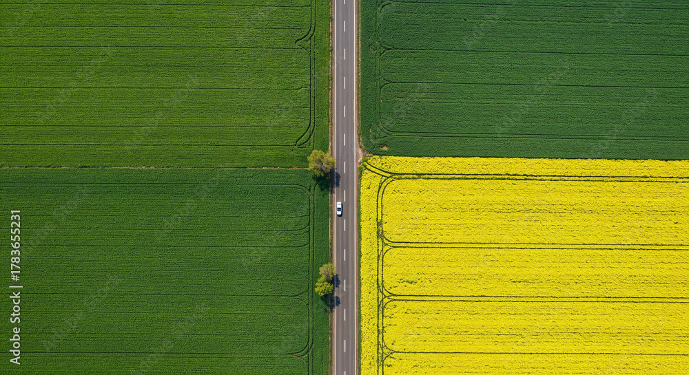 Obraz premium Spring Rapeseed Bloom with Rural Road Aerial Photography