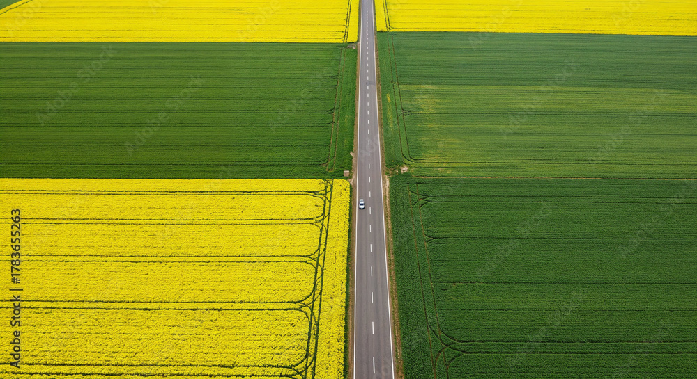 Obraz premium Spring Rapeseed Bloom with Rural Road Aerial Photography