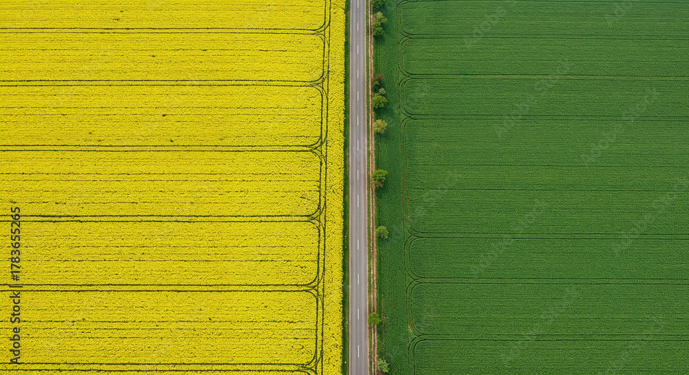 Fototapeta premium Spring Rapeseed Bloom with Rural Road Aerial Photography