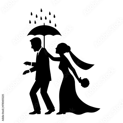 Bride holding umbrella while groom gets wet – protective love vector with white background 