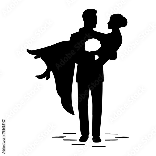 Groom carrying bride across threshold – classic romance vector with transparent background 