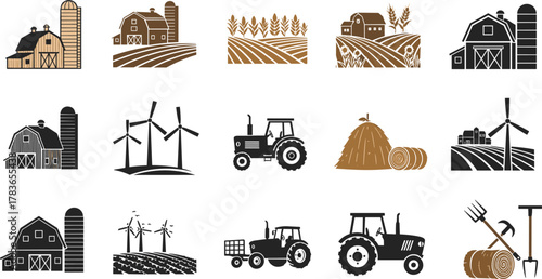 Farming icons, agriculture illustration, barn, tractor, wind turbine, hay bale, crop field, rural tools, sustainable farming, agricultural equipment, countryside design