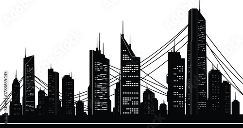 Black and white silhouette of modern city skyline with skyscrapers, suspension bridge, urban architecture, metropolitan buildings, downtown design illustration