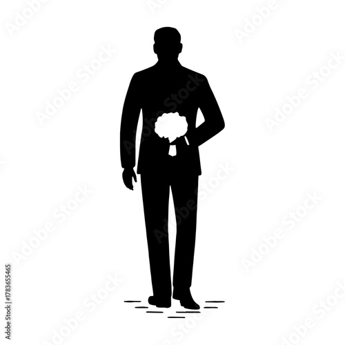 Groom silhouette holding bouquet behind back – surprise love moment vector with transparent background 