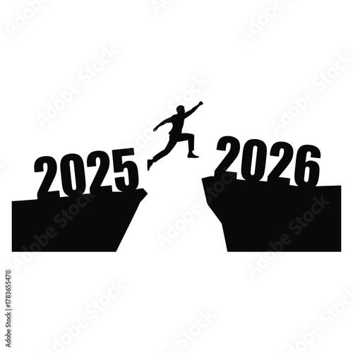 Silhouette of person jumping from 2025 cliff to 2026 cliff leap