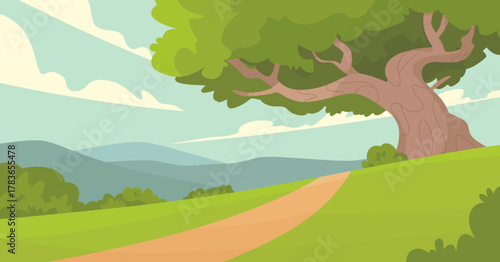 A beautiful illustration depicting a serene landscape with a giant tree under a clear blue sky, capturing the essence of tranquility and nature.