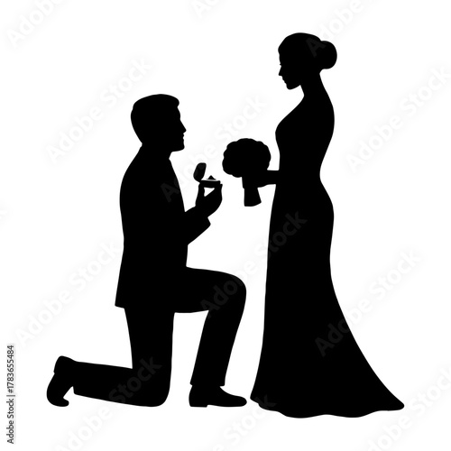 Groom kneeling to propose – timeless romance silhouette vector with transparent background 