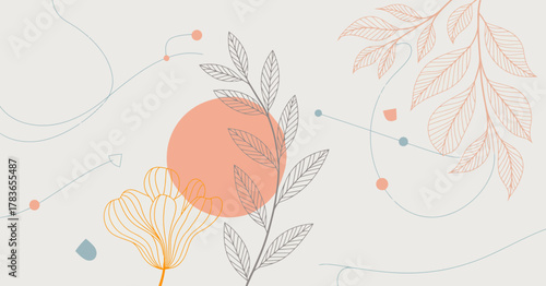 A serene illustration blending minimalistic floral line art with soft pastel colors, evoking feelings of peace, nature, and creativity in a beautifully balanced design.