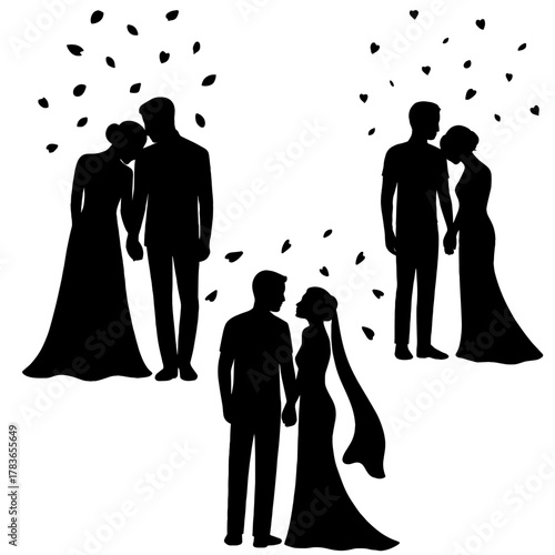 silhouette of a Couple holding hands under falling petals – soft romance  vector with transparent background 
