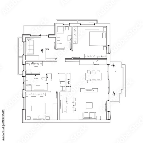 Architectural floor plan drawing of a modern house, showcasing rooms, furniture layout, and design elements for construction and interior planning.