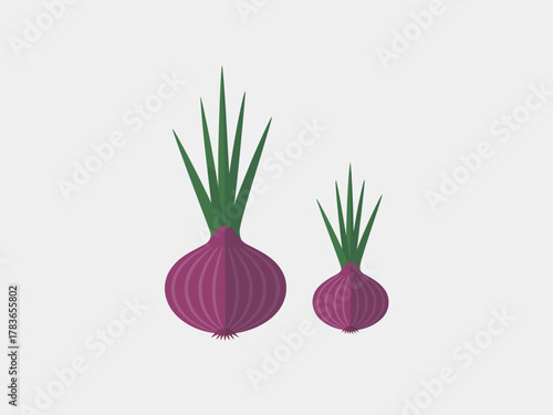This image features two vibrant purple onions with green sprouts against a clean white background, highlighting their freshness and vitality in the culinary world.