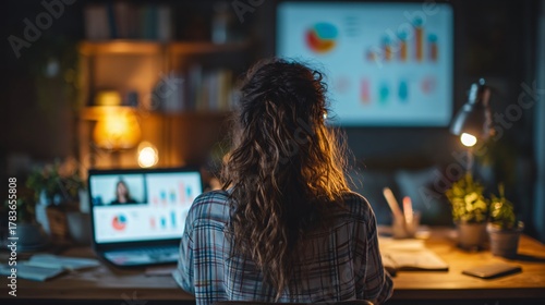 Stylish Business Strategist Working Remotely at Night with Charts