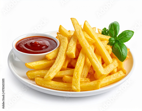 A plate of French fries and a small bowl of espagnole sauce. Isolated on a white background.